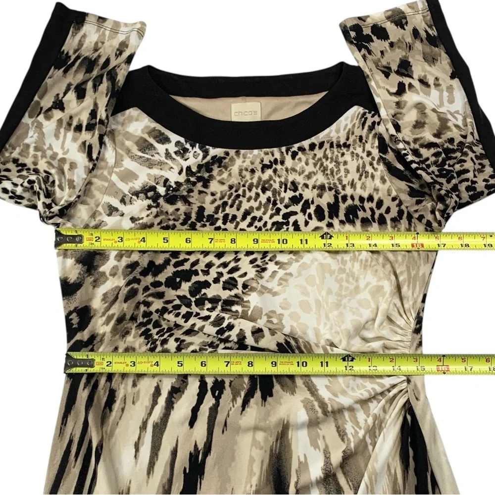 Chico's Animal Print Colorblock Midi Dress S Ruched Stretch Office Casual Travel